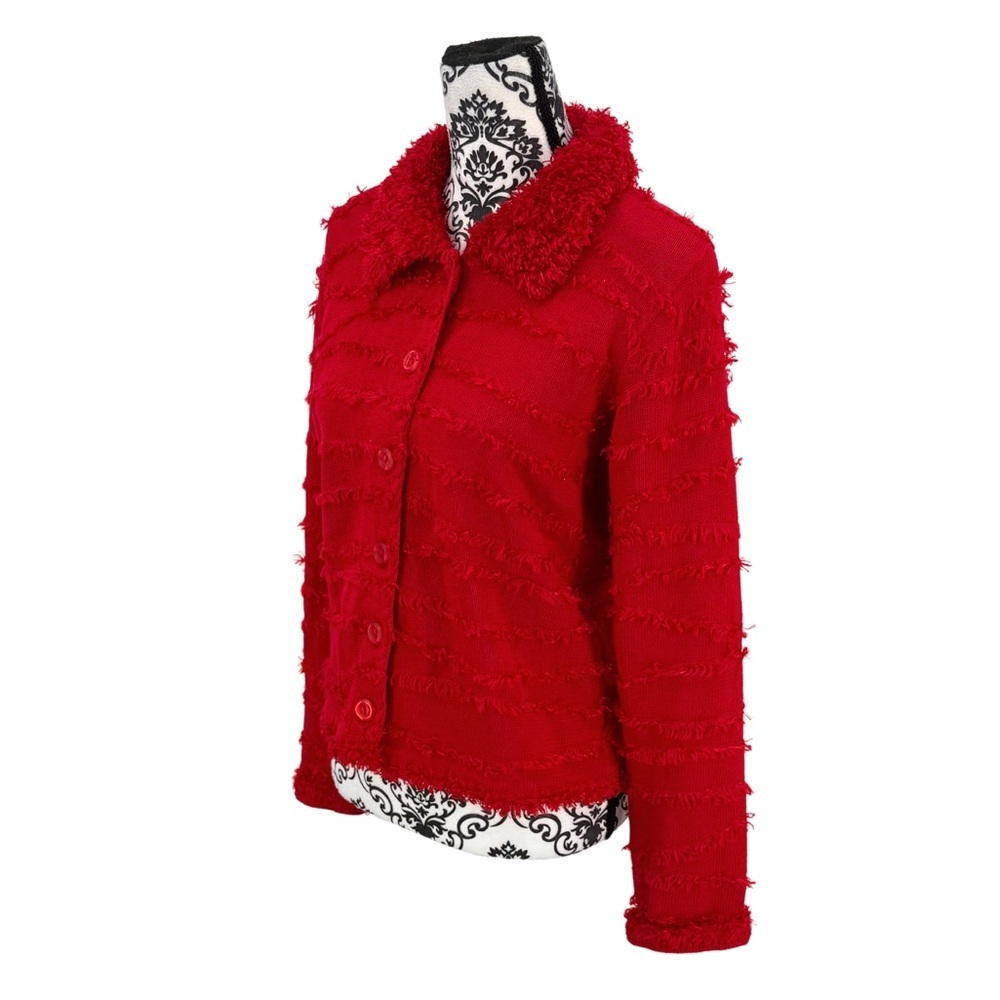 Michael Simon New York Vintage Red Fringe Fuzzy Collar Button-Up Cardigan, M - Picture 5 of 9